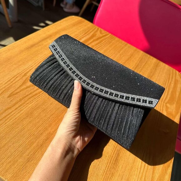 Pleated Evening Clutch Bag Rhinestone Envelope Handbag Small Glitter Shoulder Cr - Picture 8 of 8